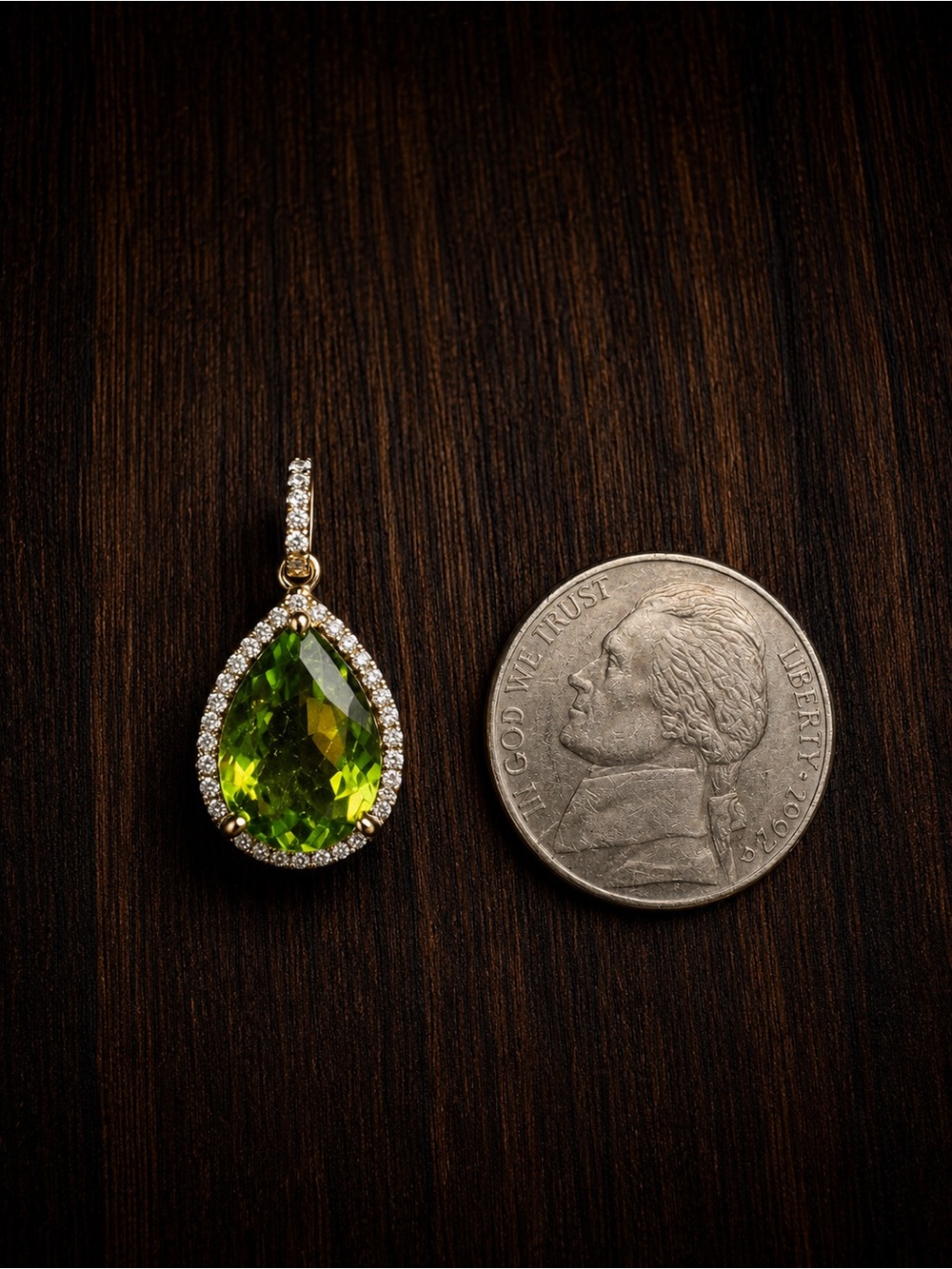 Large 14k Genuine Peridot Teardrop Pendant with Natural Diamonds in Halo Setting